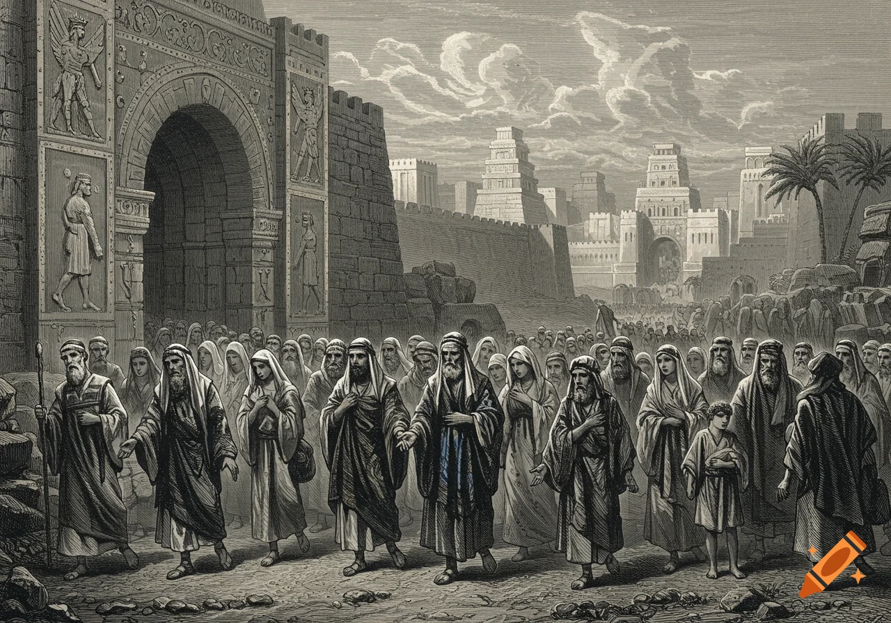 A 19th-century engraving showing a large group of people in ancient robes walking away from a grand city gate and walled city.