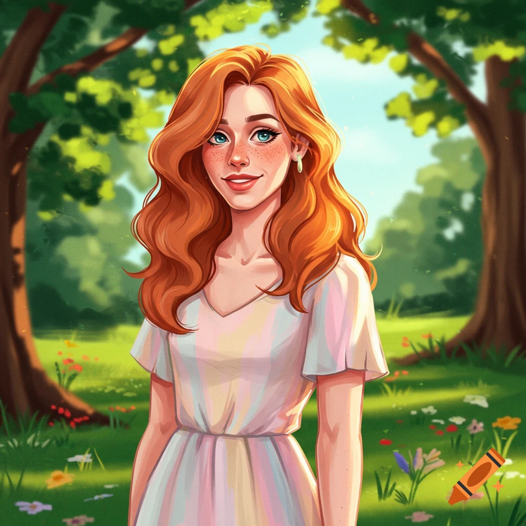Smiling red-haired woman with freckles in a light dress, standing in a lush green park with trees and wildflowers. Stylized digital art.