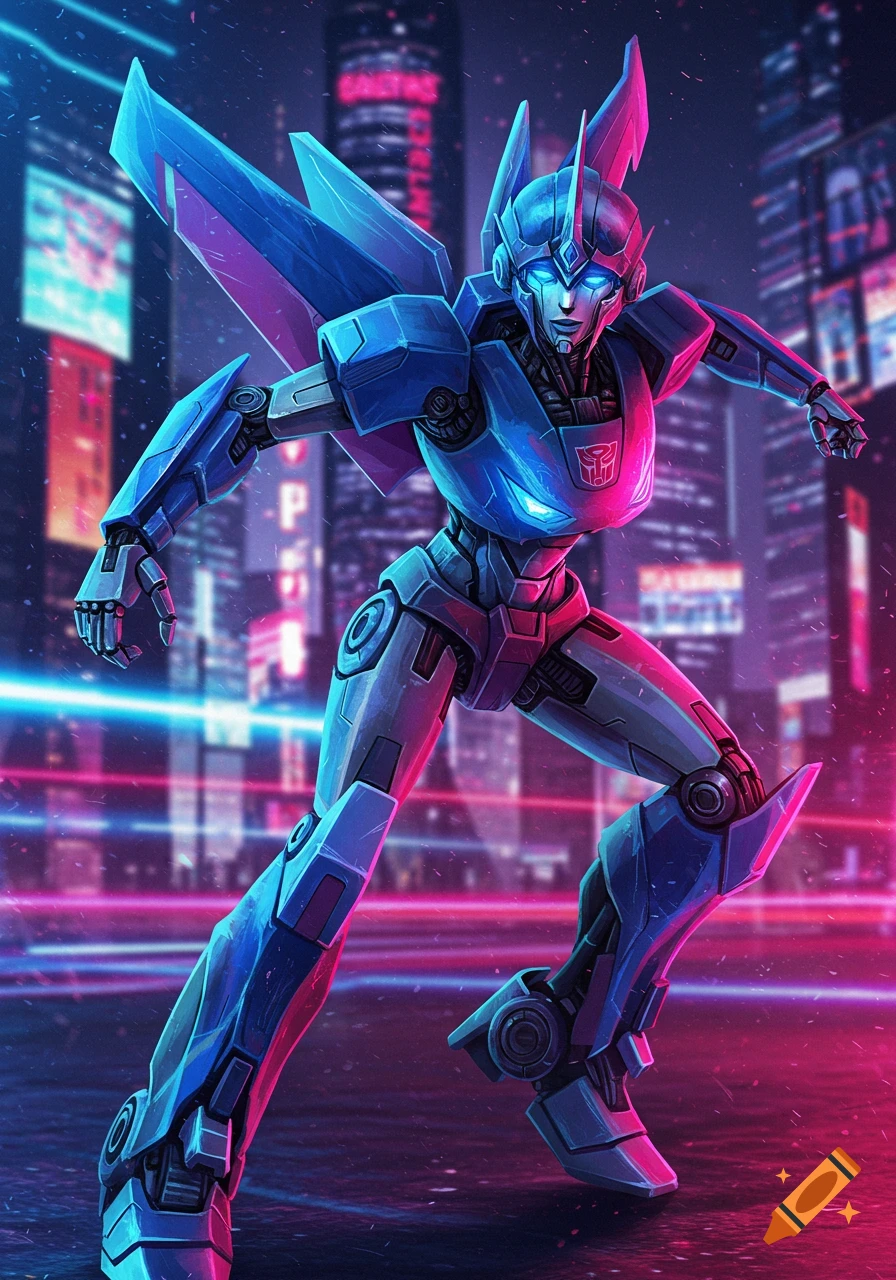 Blue and grey Arcee robot from Transformers stands dynamically in a neon-lit cyberpunk city at night.
