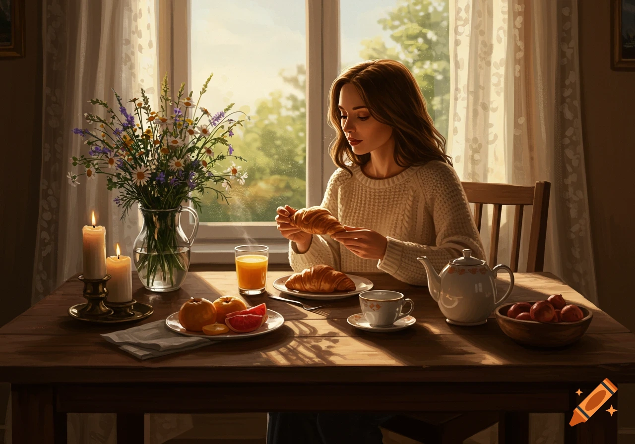 A woman with long brown hair, wearing a white sweater, sits at a sunlit wooden table eating a croissant. A vase of wildflowers, fruit, juice, and a teapot are on the table.