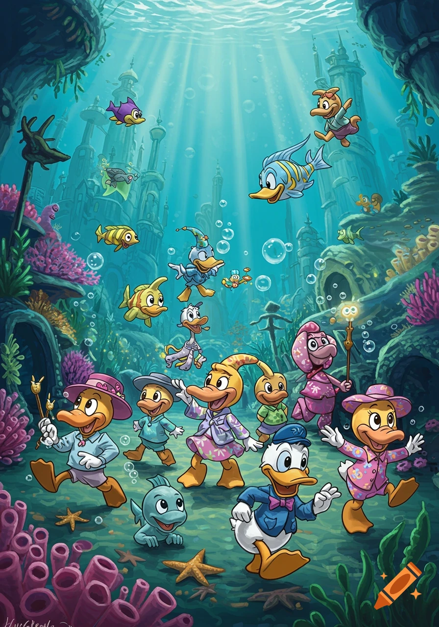 Vibrant cartoon illustration of Donald Duck and his nephews with other duck-like characters and fish swimming in a magical underwater city with coral reefs.