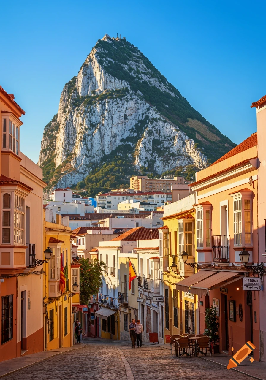 A narrow, cobbled street lined with colorful buildings leads towards the towering Rock of Gibraltar under a clear blue sky.