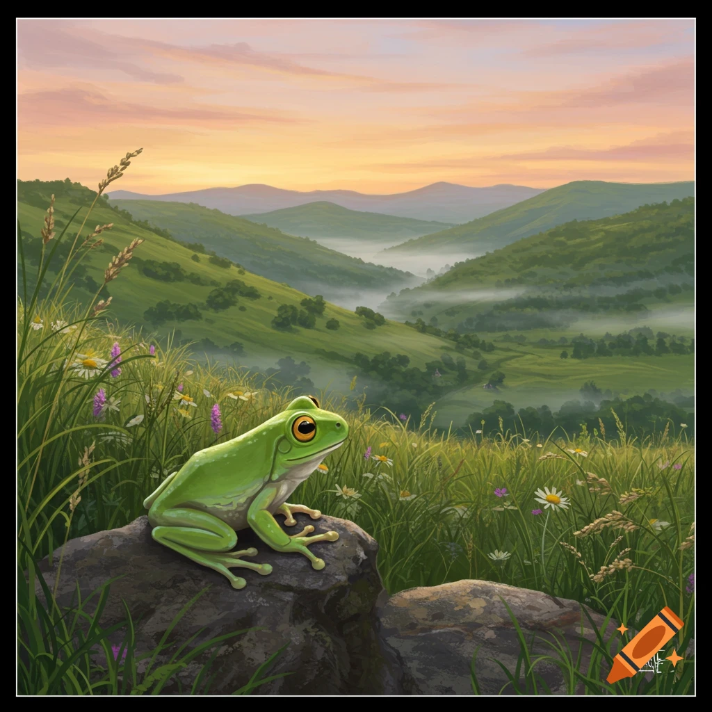 A vibrant green frog sits on a rock, overlooking a misty mountain valley at sunset in a digital painting.