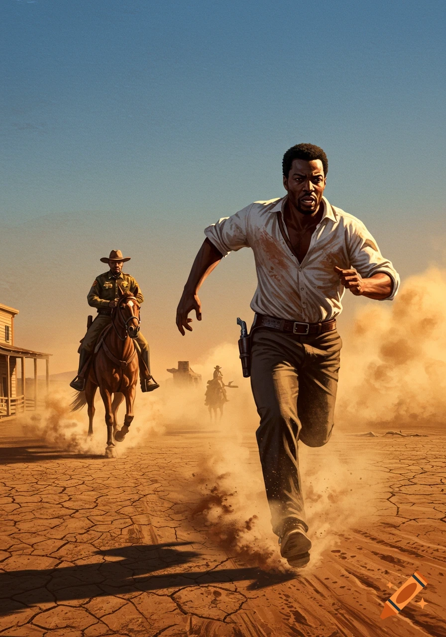 A determined Black man runs through a dusty Western town, pursued by a sheriff on horseback.