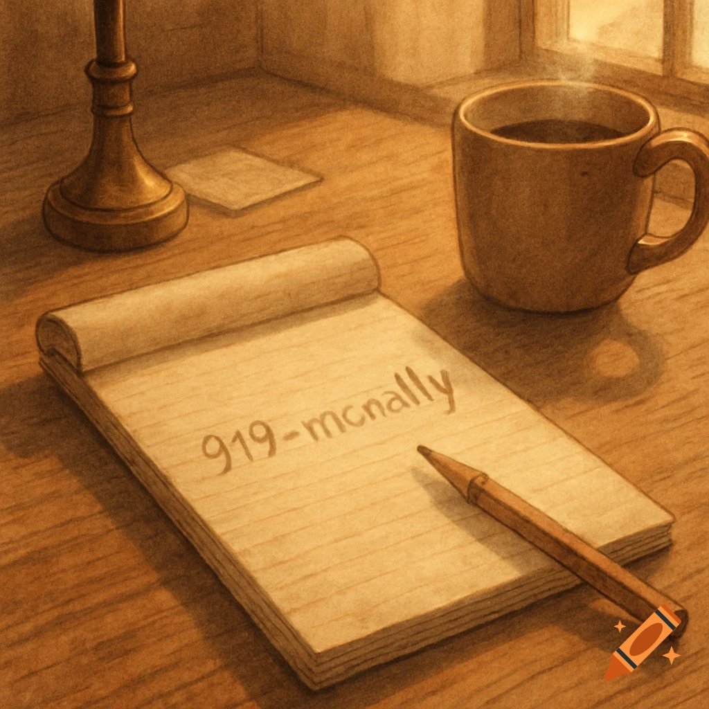 A notepad with '919-mcnally' written on it, next to a pen, a steaming coffee cup, and a candle holder on a wooden desk in a warm, artistic style.