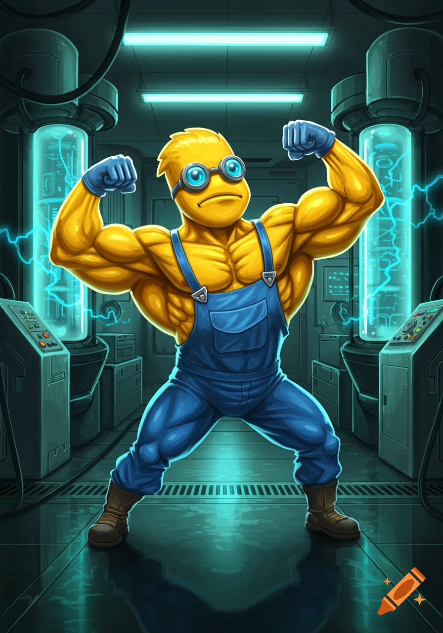 A muscular yellow creature with goggles and blue overalls flexing in a glowing science lab.