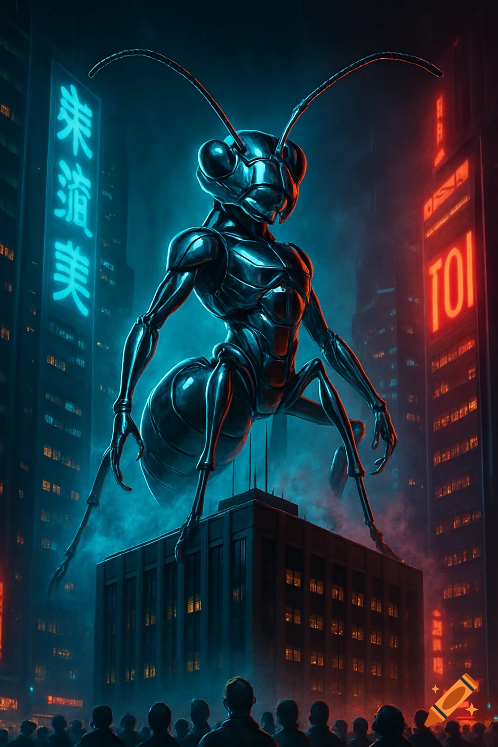 A colossal metallic ant-like creature looms over a neon-lit cyberpunk city at night, standing on a skyscraper, as a crowd looks on below.