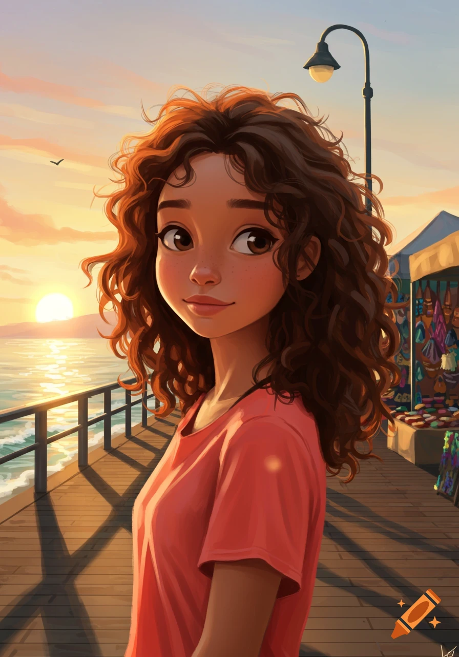Animated portrait of a smiling curly-haired girl on a pier at sunset, with the ocean and a market stall in the background.