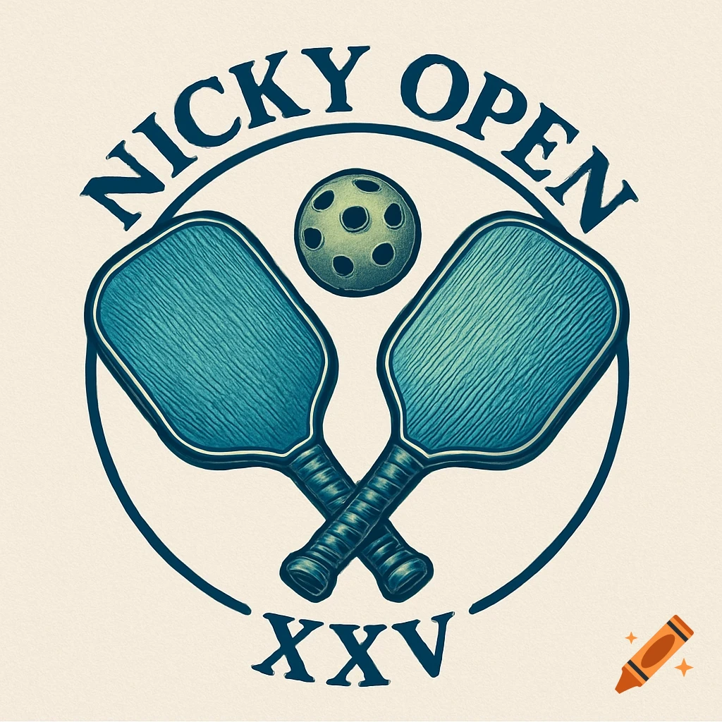 A vintage-style logo for the 'Nicky Open XXV' pickleball tournament, featuring crossed paddles and a pickleball within a circle.