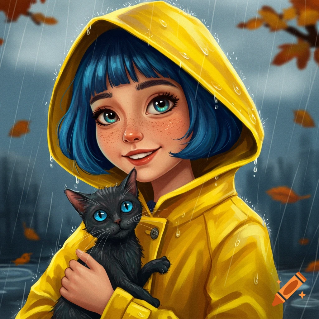 A cartoon girl with blue hair and freckles in a yellow raincoat smiles while holding a black cat with bright blue eyes in the rain.
