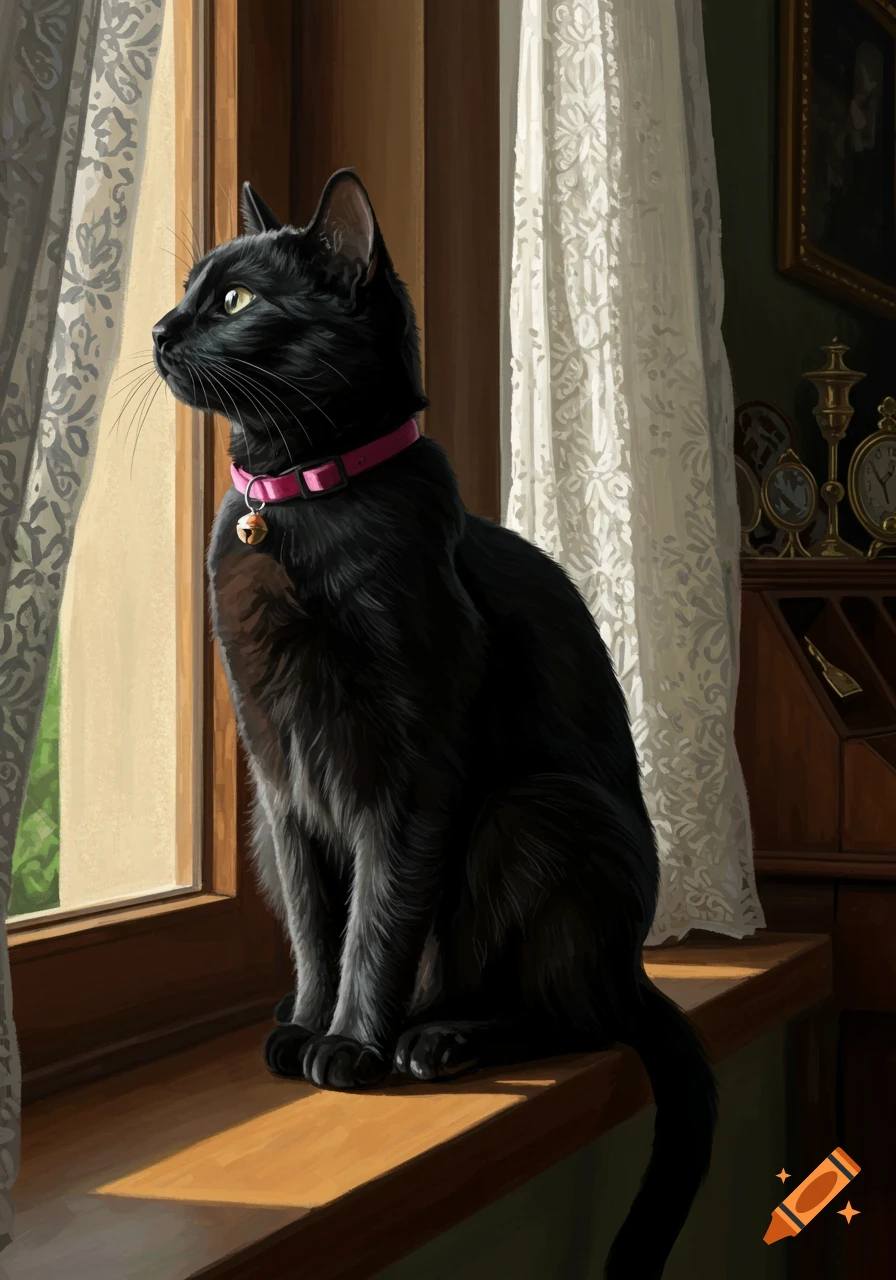 A black cat with a pink collar sits on a sunny window sill, looking out through lace curtains.