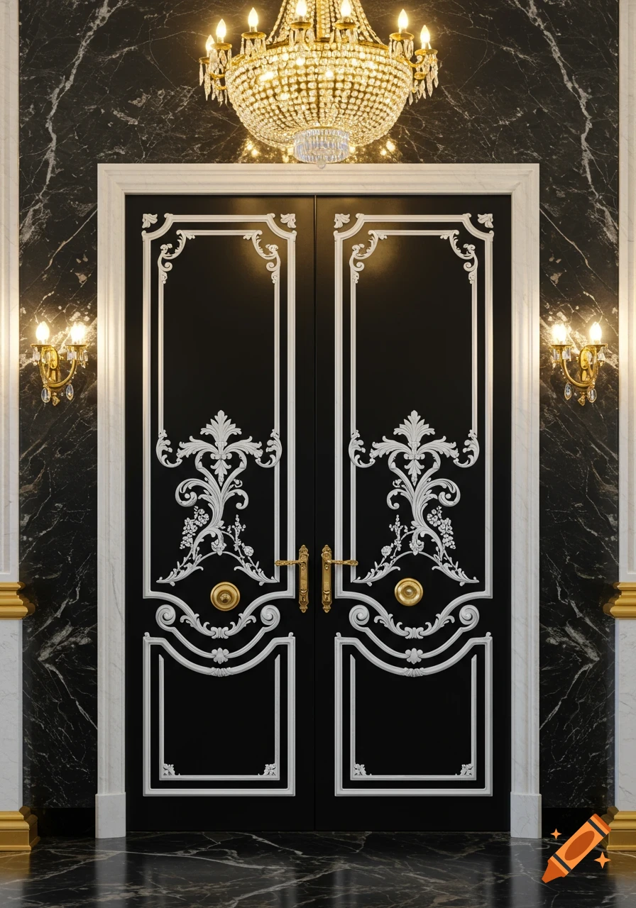 Ornate black double door with white trim, gold hardware, beneath a crystal chandelier in a luxurious black marble room.