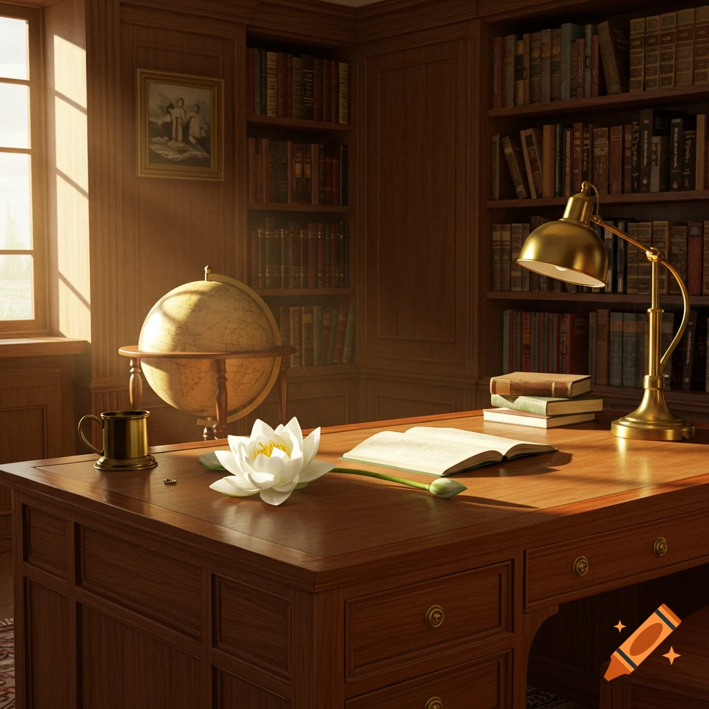 A warmly lit, photorealistic study with a wooden desk, open book, globe, brass lamp, and a white lotus flower.
