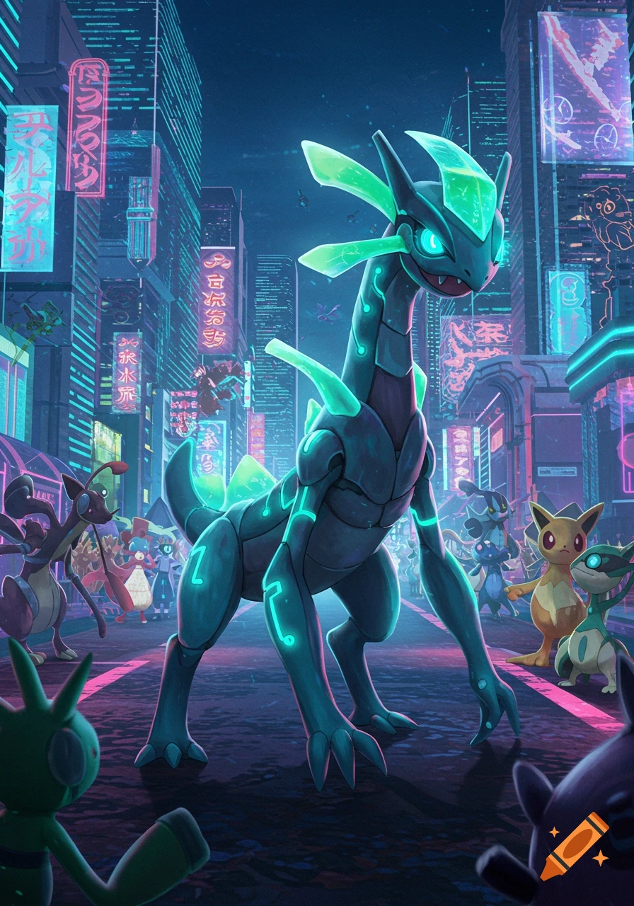 A large, glowing cyberpunk dragon-like creature stands on a neon-lit city street with smaller futuristic creatures.