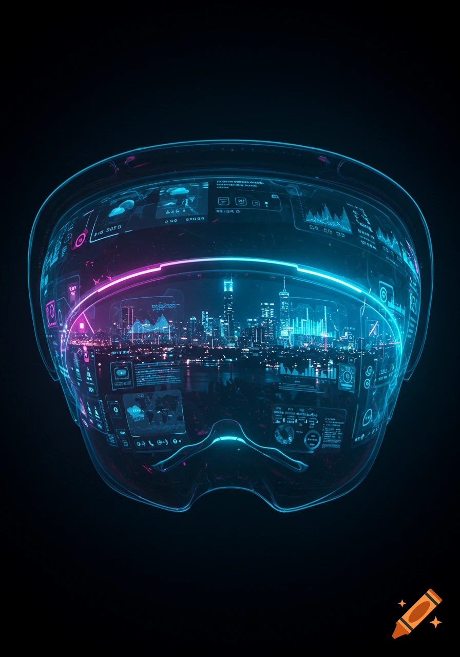 Glowing futuristic HUD visor with a cityscape reflection and digital interfaces in neon blue and pink.