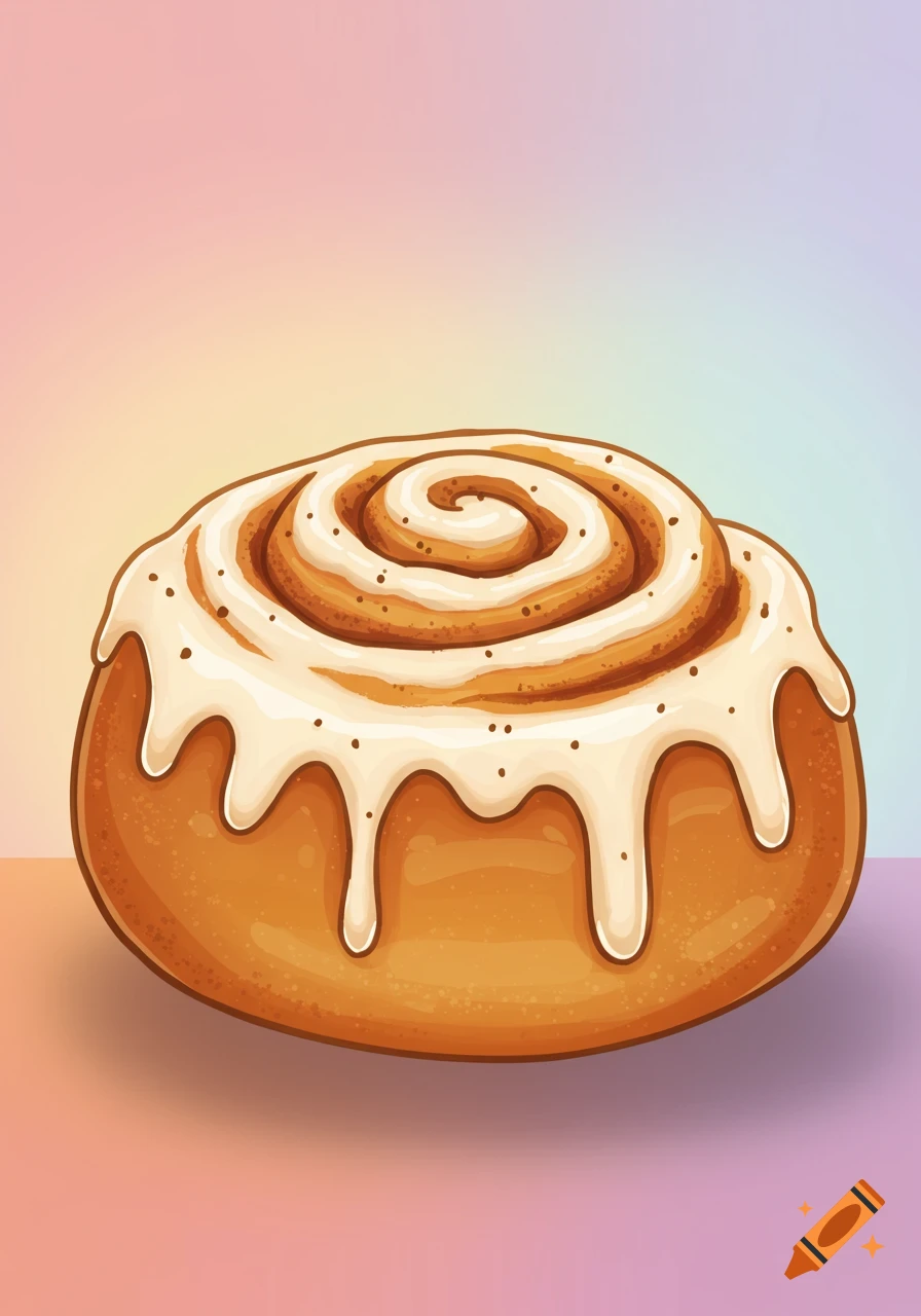 A cartoon cinnamon roll with white icing on a colorful gradient background.
