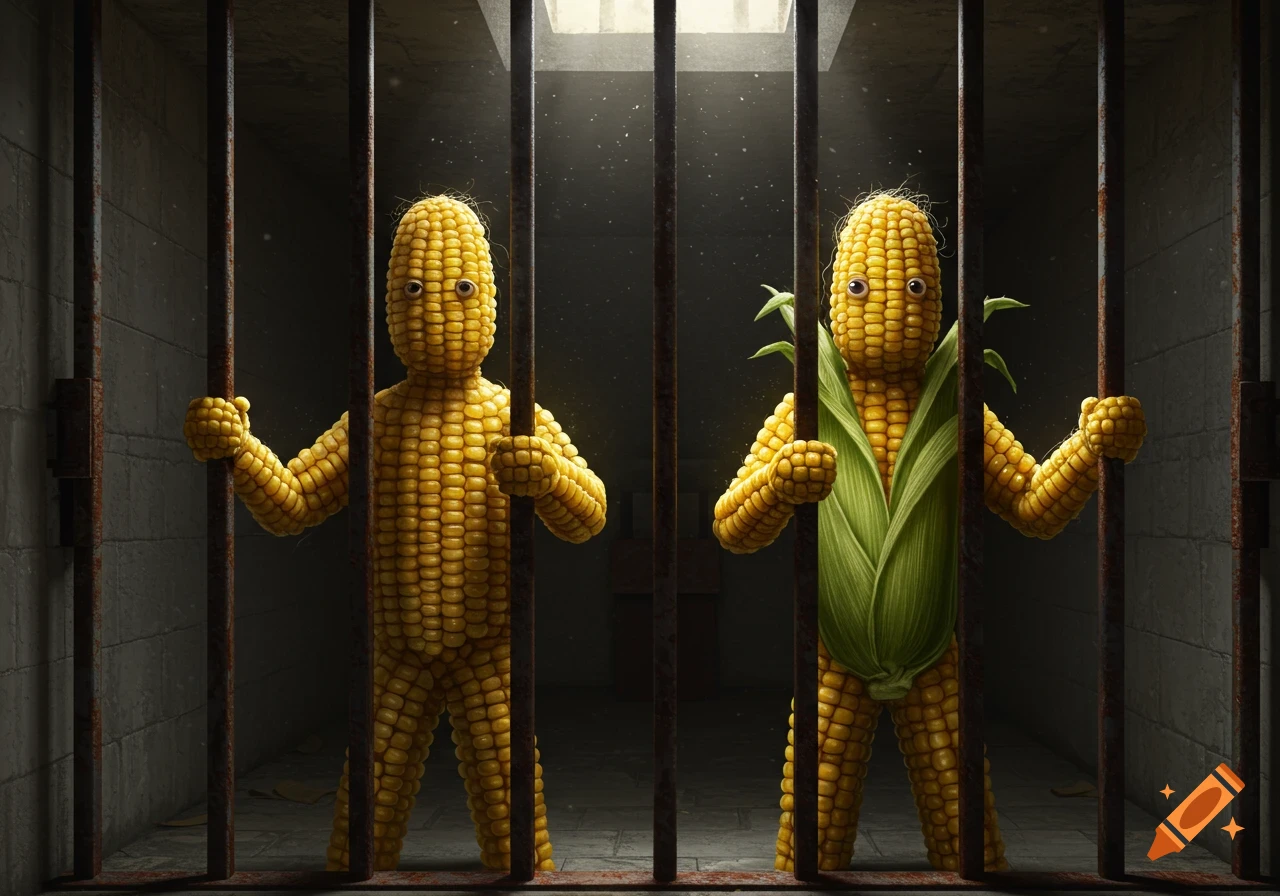 Two anthropomorphic corn figures, one with green husks, stand behind rusty prison bars in a dark, gritty cell.