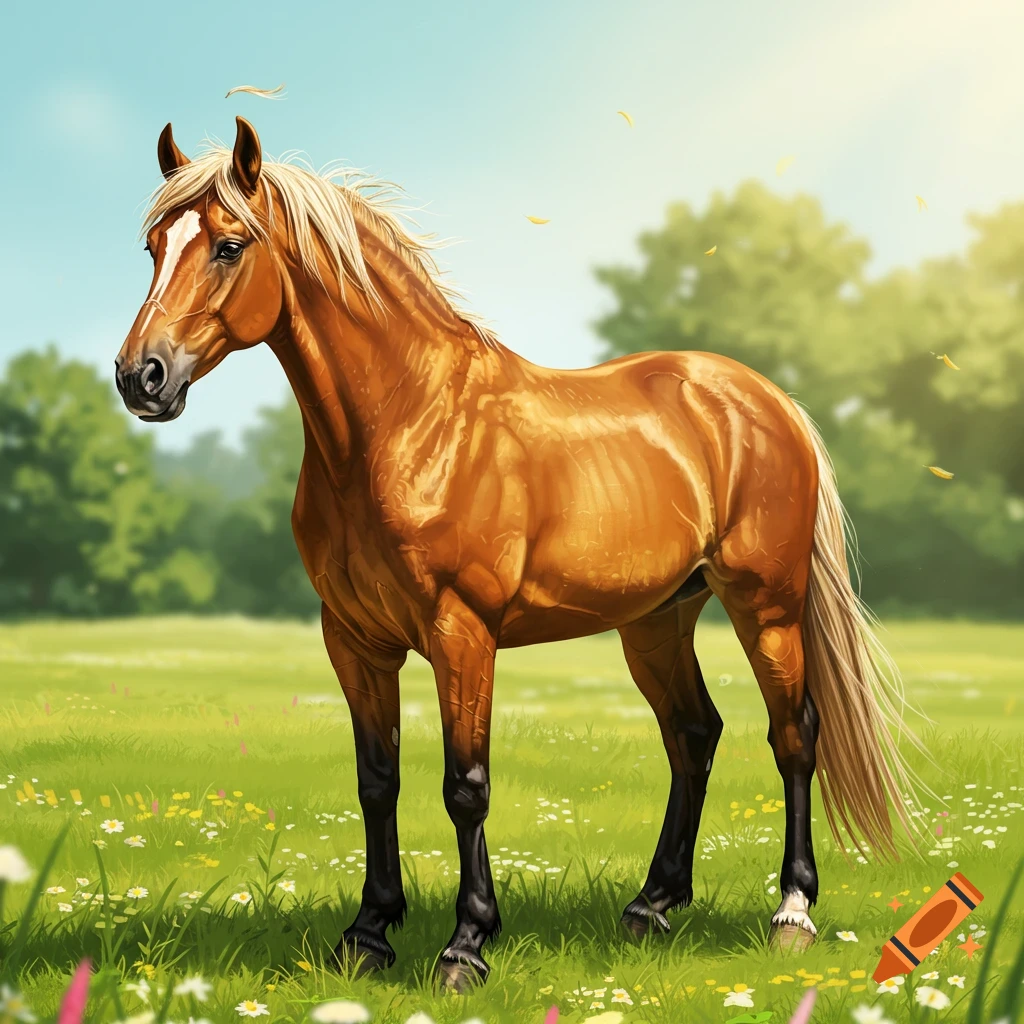 A brown horse with a blonde mane stands in a sunny green field with wildflowers, illustrated style.