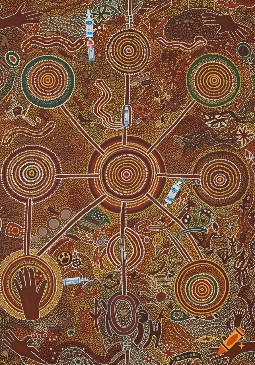 Vibrant Aboriginal Australian dot painting with concentric circles, radiating lines, symbolic hands, footprints, and small bottles in earthy tones.