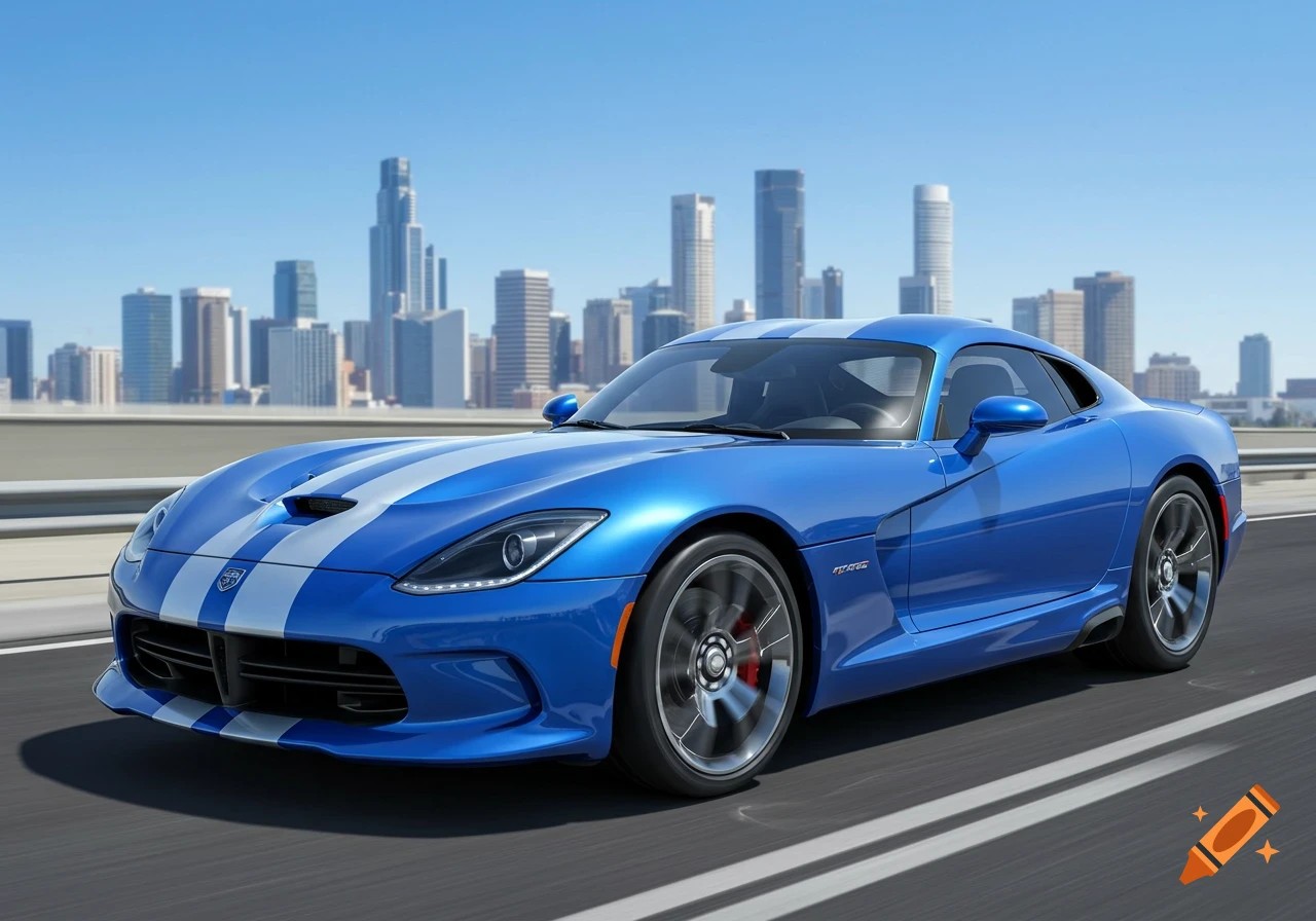 Blue Dodge Viper with white racing stripes drives on a highway, with a city skyline in the background. Photorealistic style.