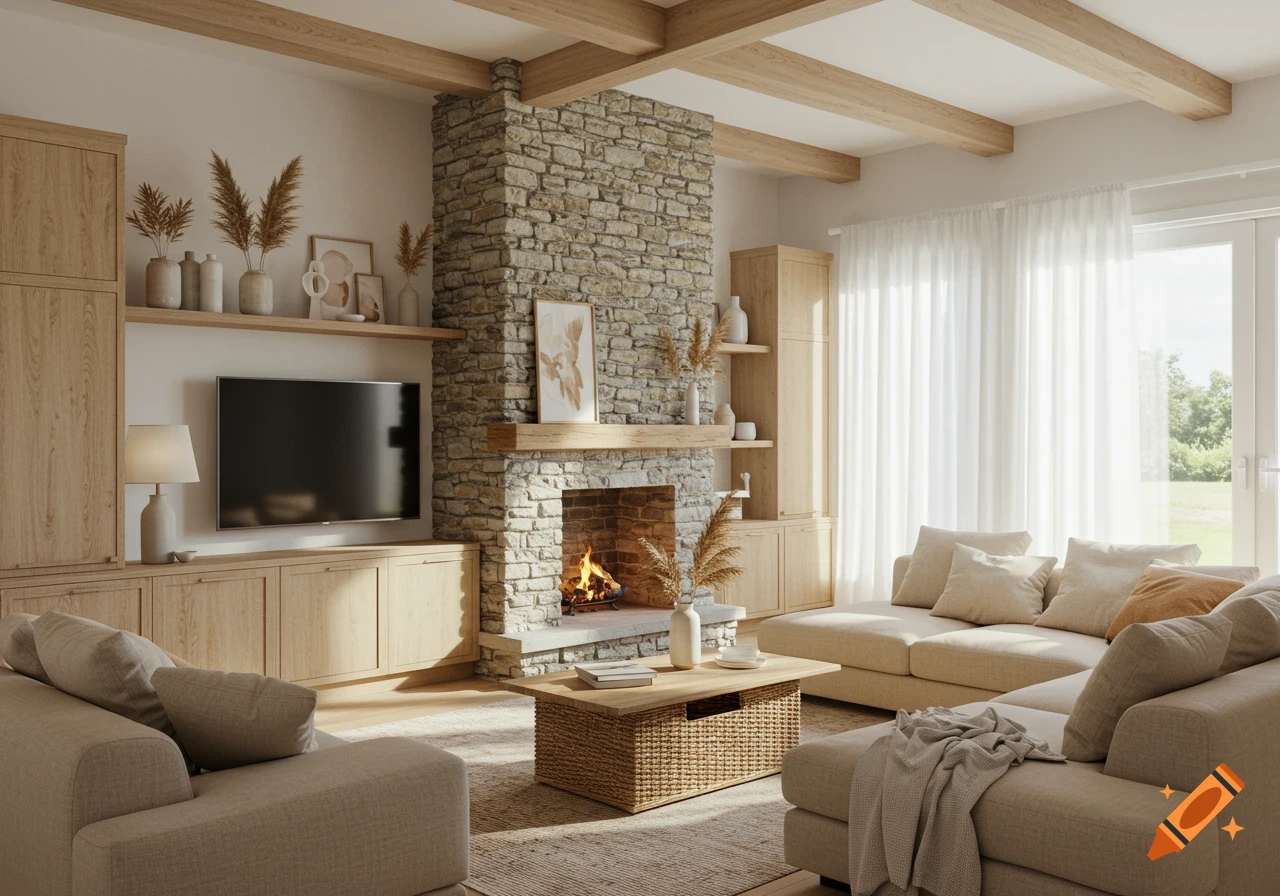 A cozy modern farmhouse living room with a stone fireplace, light wood beams, a beige sectional, and a woven coffee table.