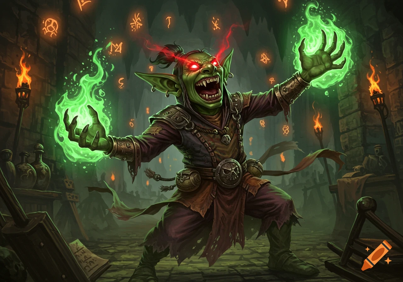 A ferocious green goblin wizard with glowing red eyes casts a spell with green energy in a dark dungeon, surrounded by magical runes.