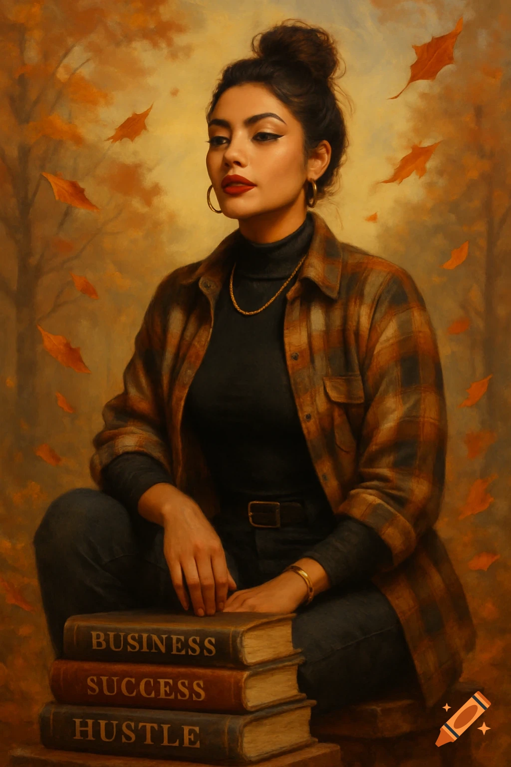 Confident woman in plaid sits on books labeled 'BUSINESS', 'SUCCESS', 'HUSTLE' with autumn leaves. Painterly portrait.