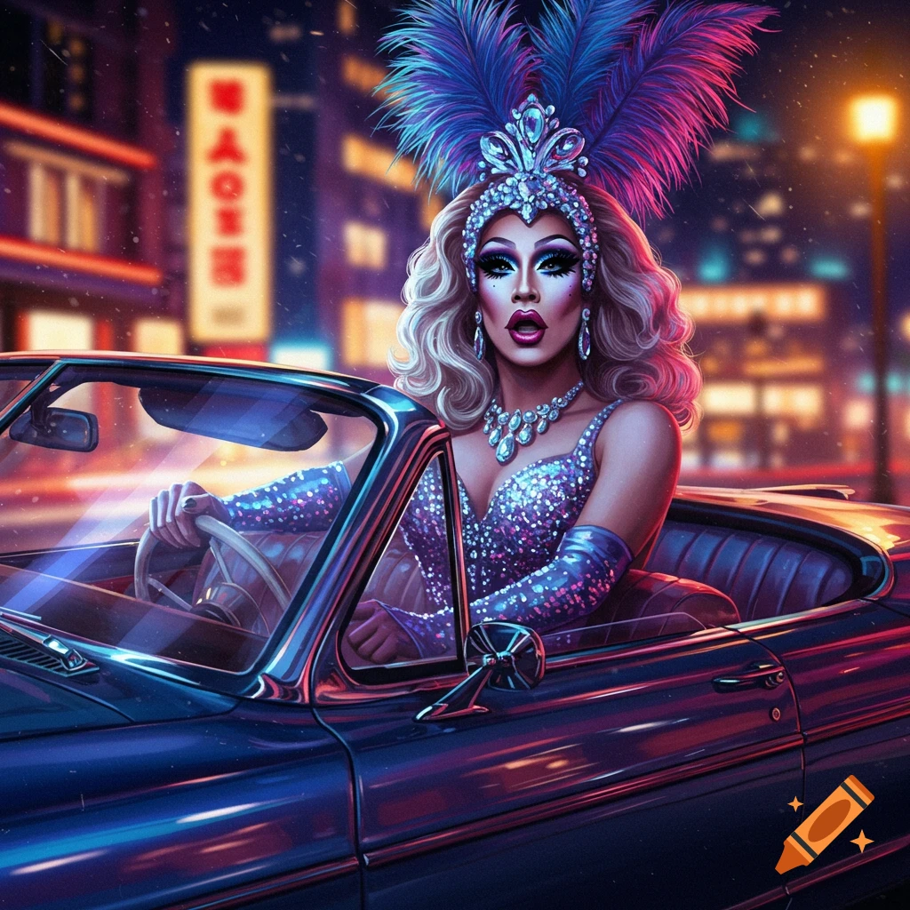 A vibrant illustration of a drag queen in a sequined outfit and feathered headpiece driving a car at night in a city.