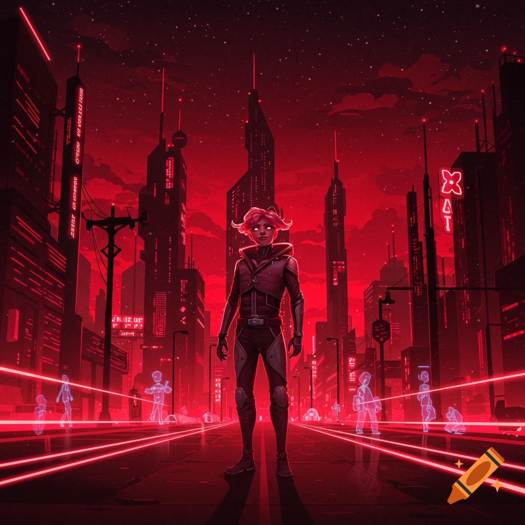 A red-haired person stands in a vibrant red cyberpunk city at night, with glowing buildings and holographic figures, in digital art style.