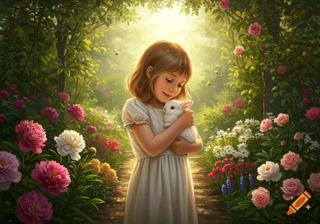 A young girl with light brown hair hugs a fluffy white baby bunny in a vibrant, sunlit garden filled with colorful flowers, digital art.
