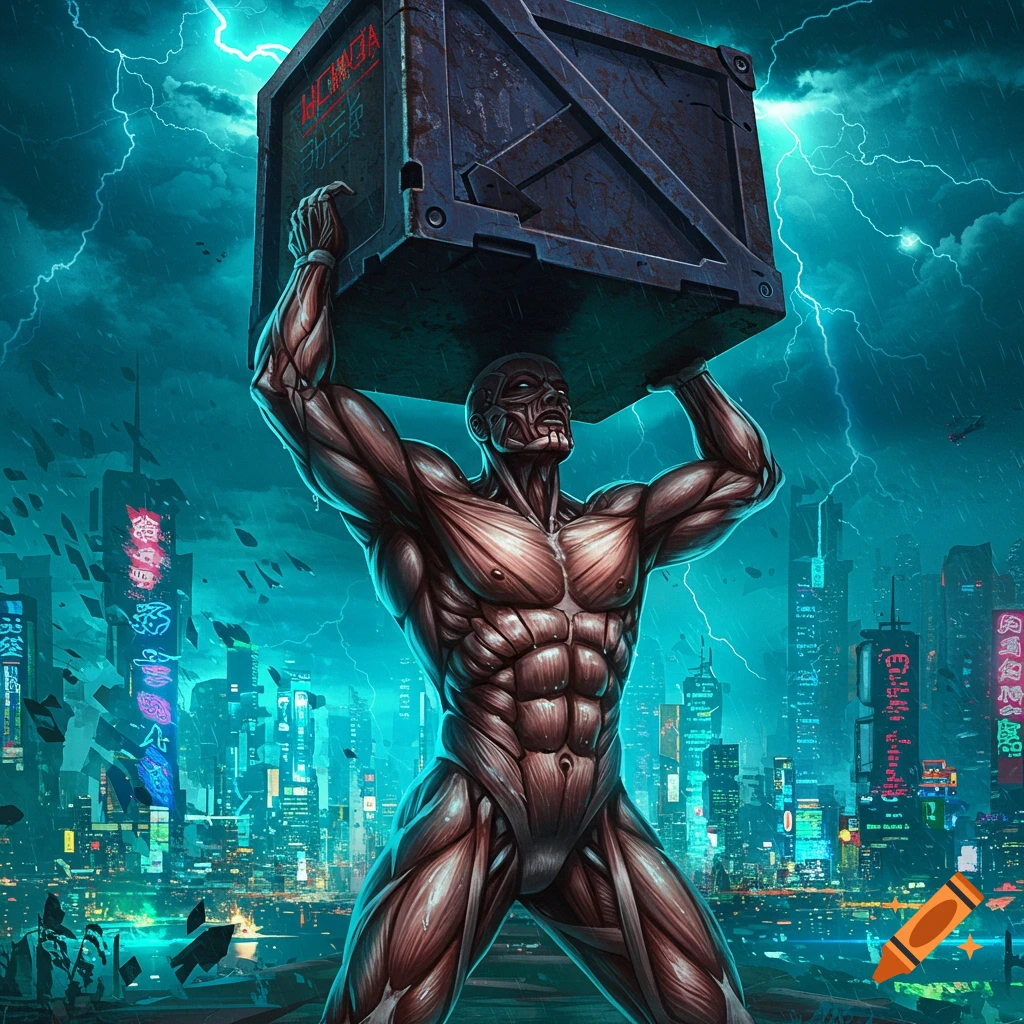 Stylized muscular figure lifts a heavy crate over their head under stormy cyberpunk skies with a neon city backdrop.
