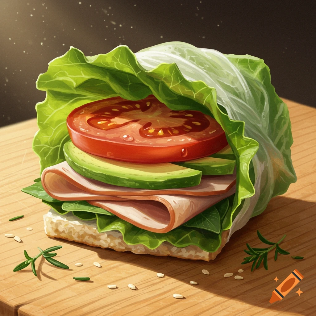 A stylized sandwich with lettuce, tomato, avocado, and deli meat, resting on a textured base, on a wooden surface with rosemary and sesame seeds.