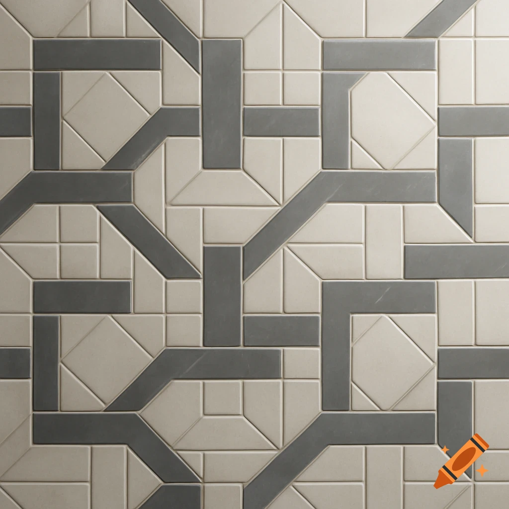 Close-up of a repeating geometric tile pattern in light beige and dark gray, forming a decorative wall surface.