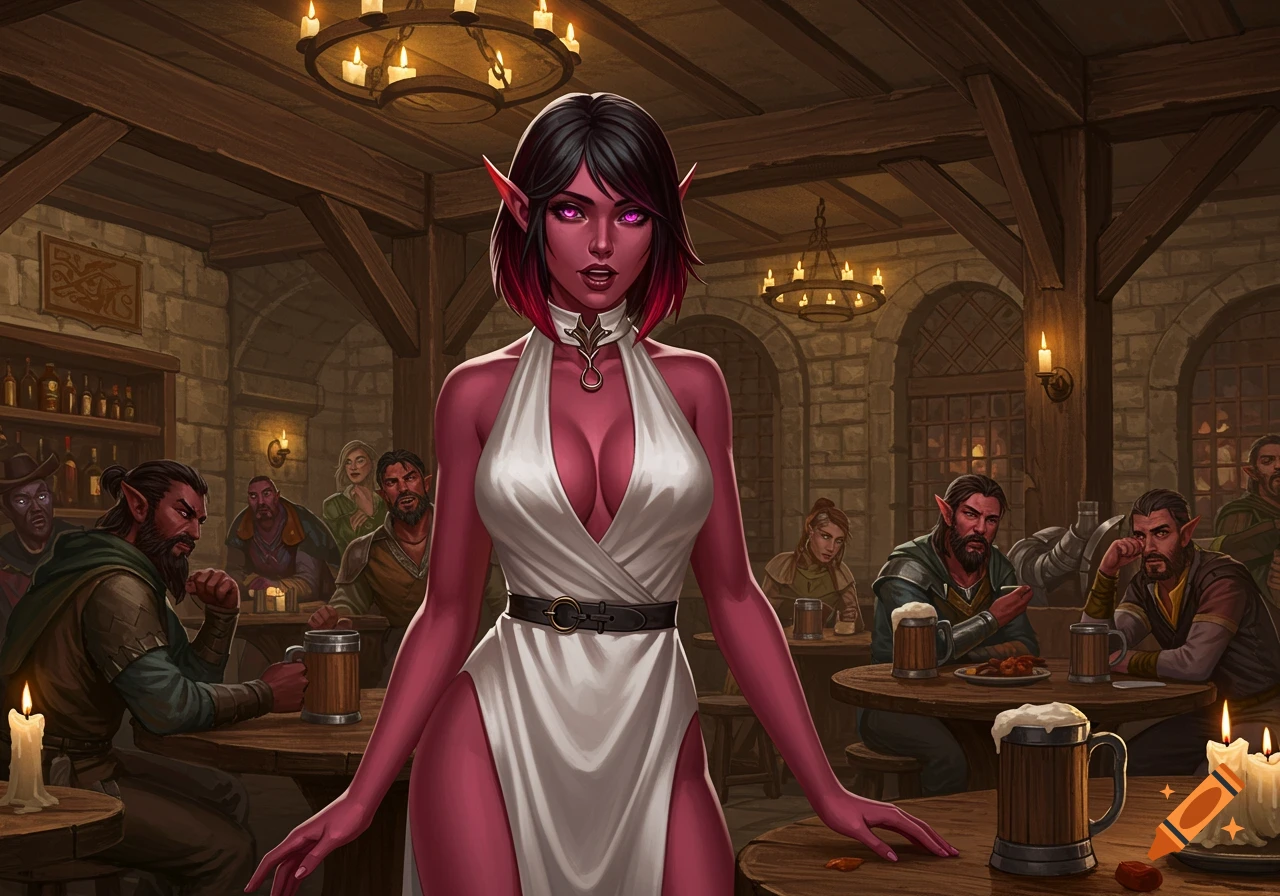 A female elf with pink skin and short dark hair in a white dress stands in a bustling fantasy tavern.
