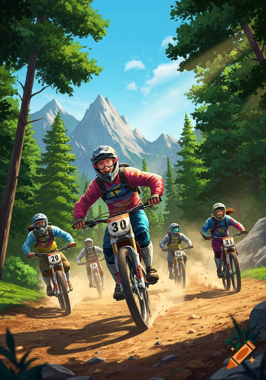 A group of diverse bikers races down a dirt track in a vibrant cartoon style, with mountains and trees in the background.