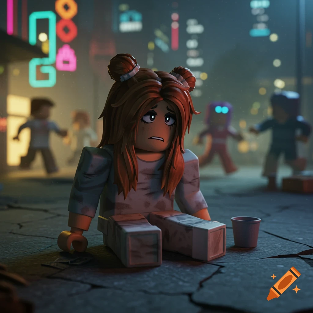 A sad Roblox-style girl with orange hair sits on a cracked city street at night with a cup, looking distressed.