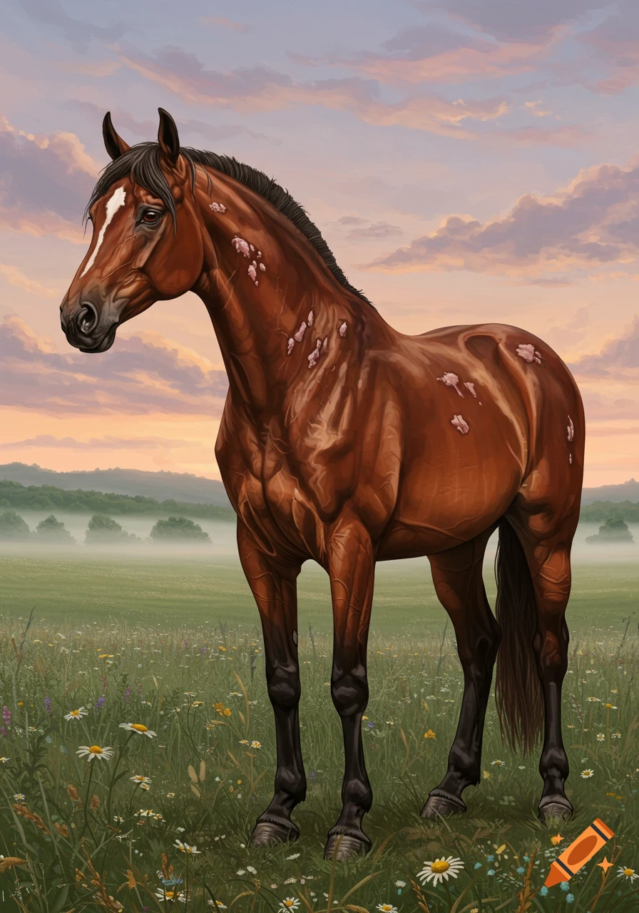 A brown horse with patchy hair stands in a wildflower meadow under a cloudy sunset sky.