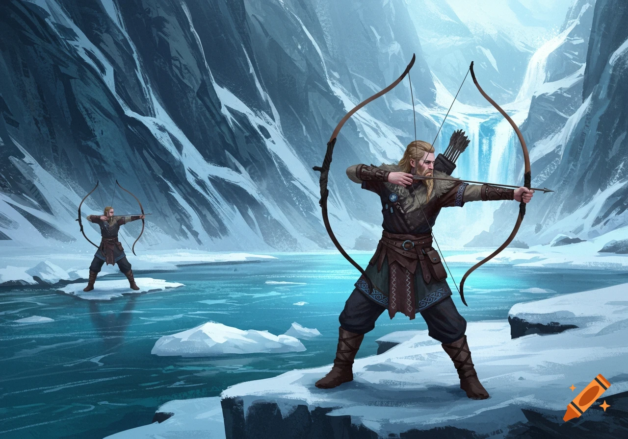 Two fantasy bowsmen aim bows in a snowy glacial river valley with mountains and a waterfall.