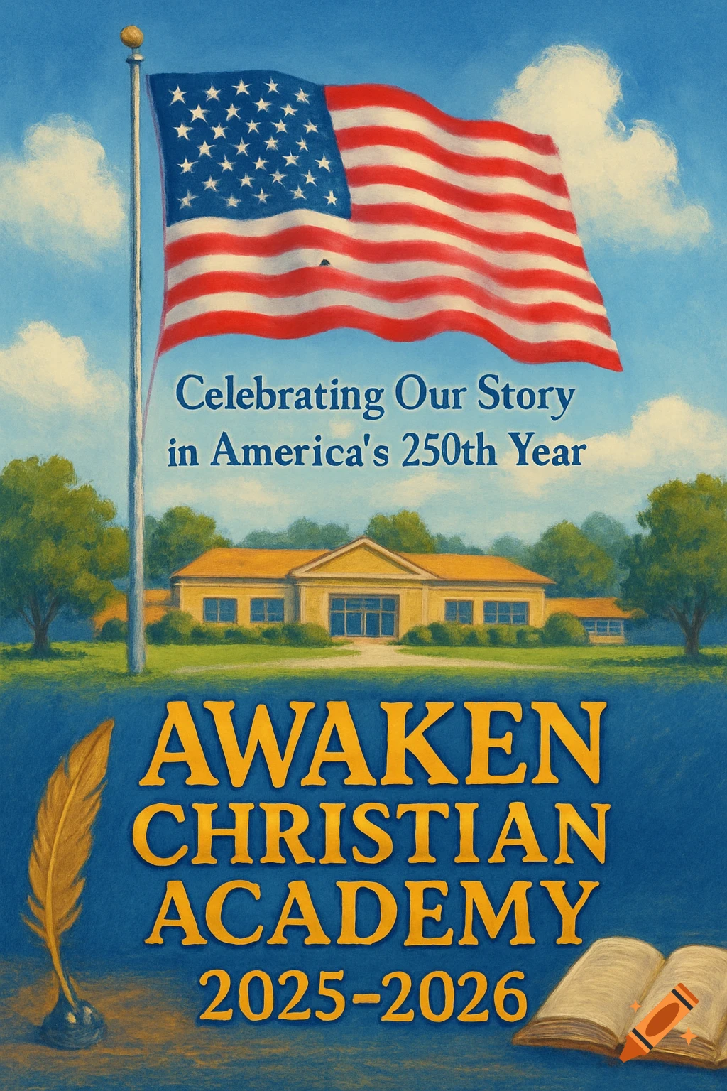 A painterly image of an American flag flying over a school building, with text "AWAKEN CHRISTIAN ACADEMY 2025-2026" and "Celebrating Our Story in America's 250th Year", a quill, and an open book.