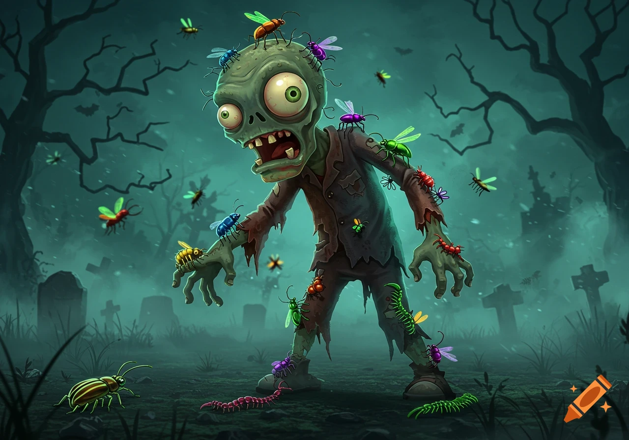 A cartoon zombie standing in a misty graveyard, covered in various colorful insects like beetles, flies, and centipedes.