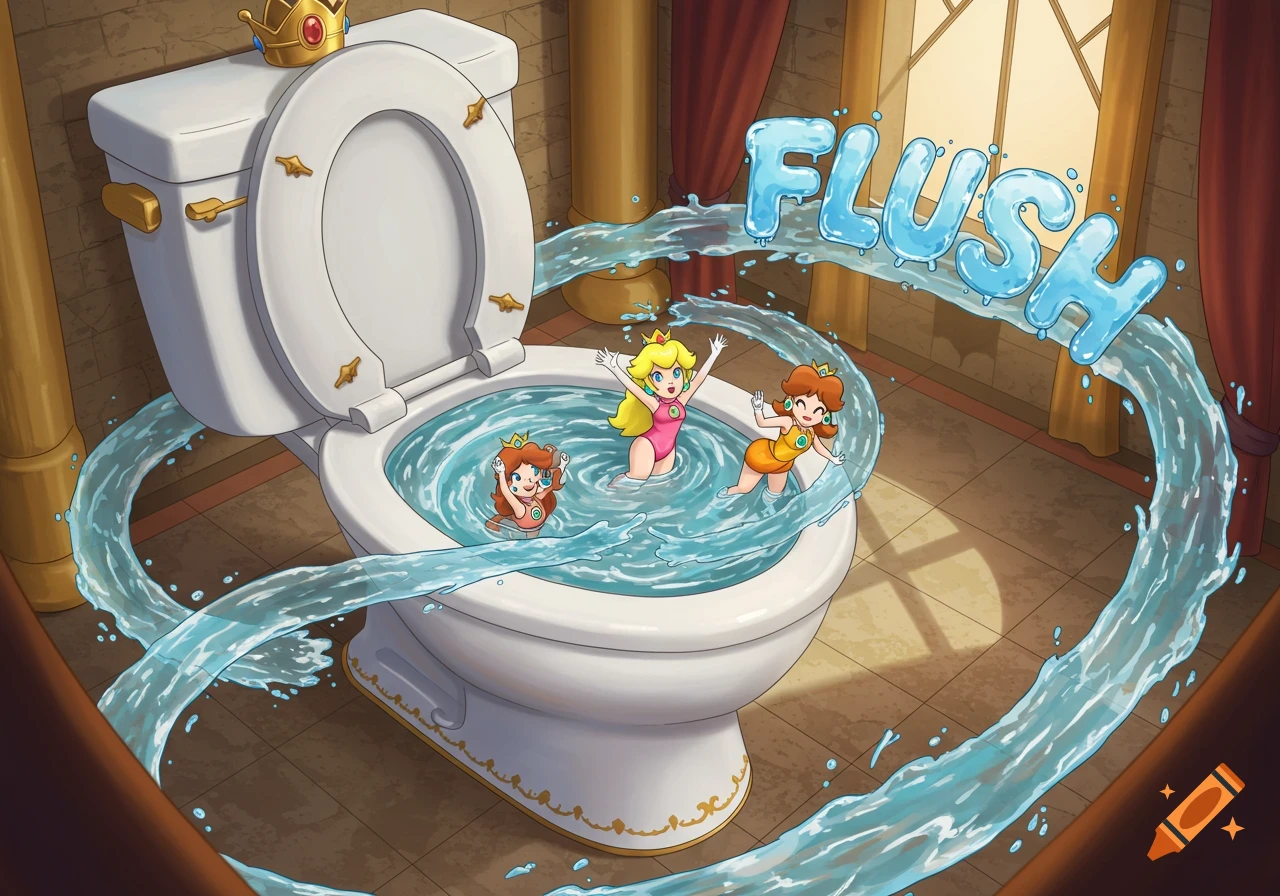Princess Peach and Daisy, in swimsuits, cheerfully slide in swirling water as they are flushed down a giant royal toilet. Blue 'FLUSH' text appears.