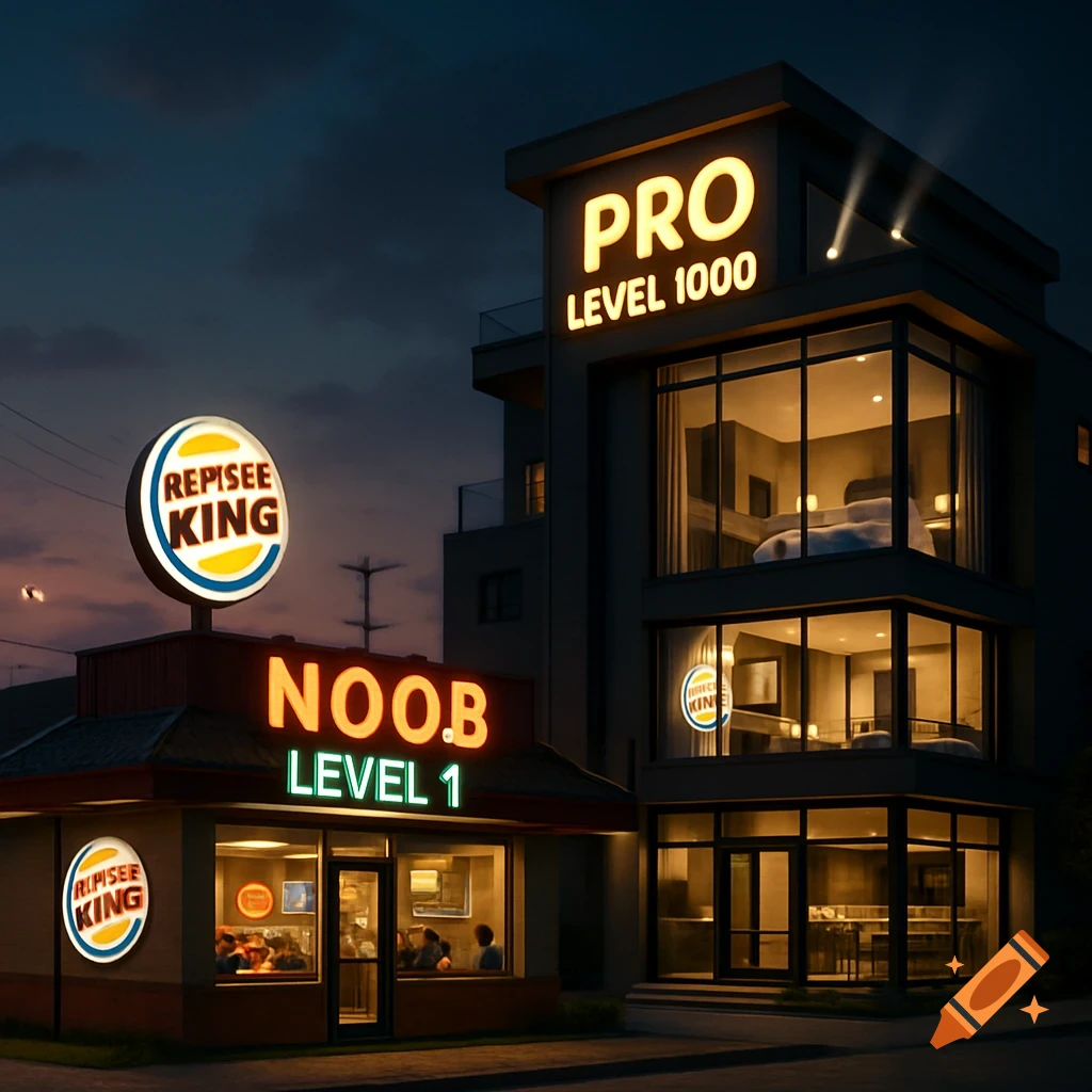 A brightly lit fast food restaurant labeled 'NOOB Level 1' next to a modern building labeled 'PRO Level 1000' at night.