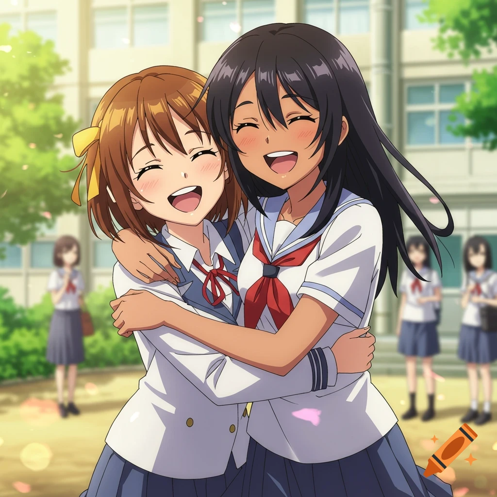 Two anime girls, one with brown hair and one with dark skin and black hair,  hug and laugh in a schoolyard. on Craiyon, image size:1024x1024
