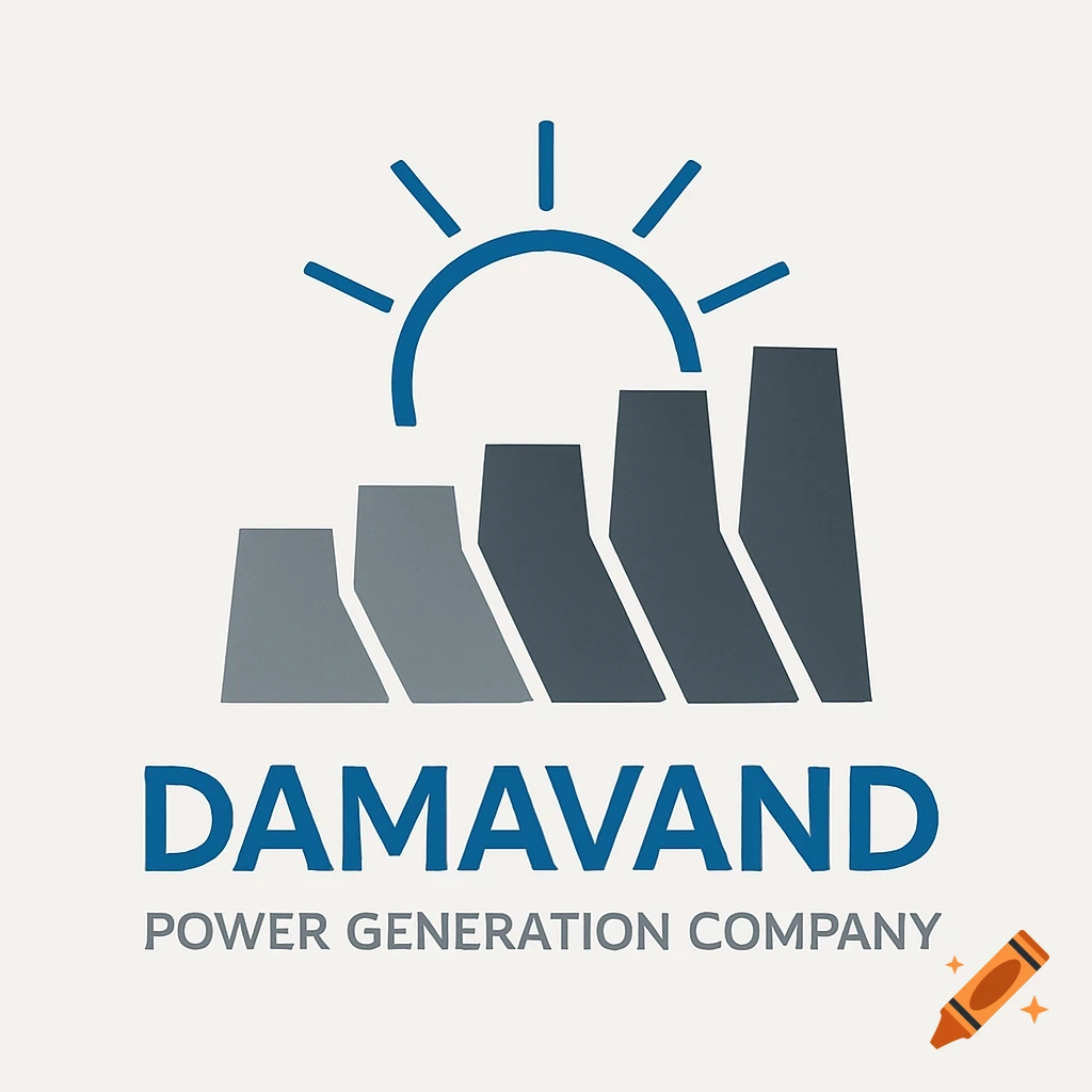 Minimalist logo for Damavand Power Generation Company, with blue sun rays over gray power plant blocks.