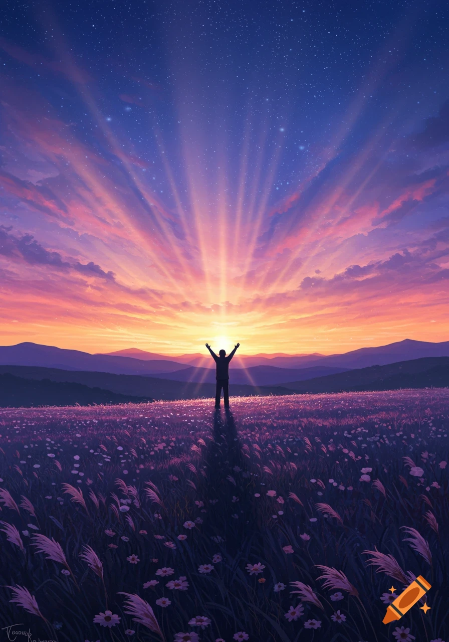 A silhouetted person stands in a vibrant purple field of flowers with arms raised towards a dramatic sunset or sunrise, casting light rays across a starry, colorful sky.