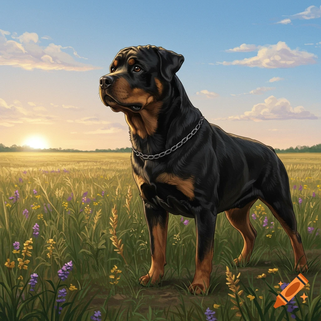 A majestic black and brown Rottweiler stands in a vibrant field of wildflowers and tall grass at sunset.