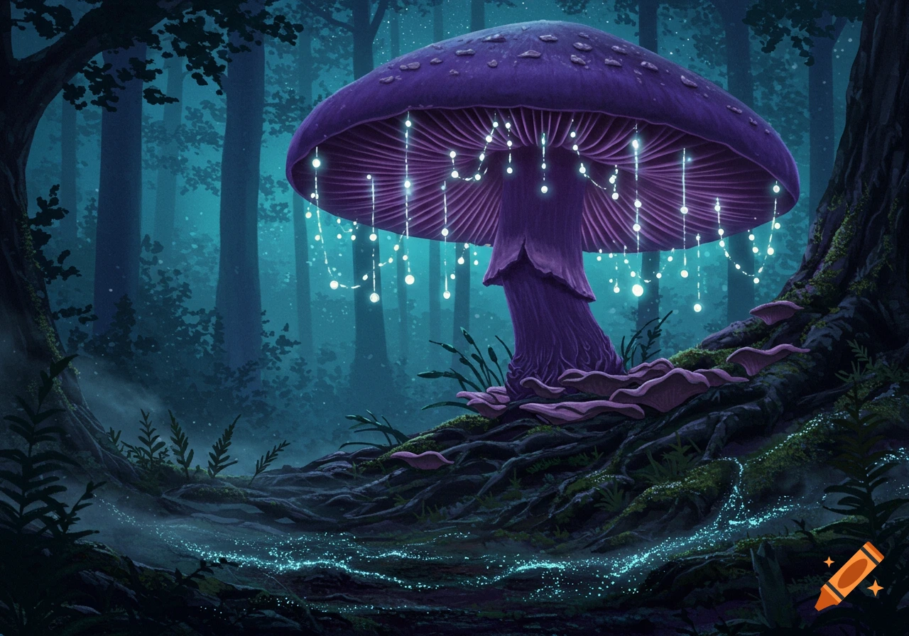 A giant glowing purple mushroom with hanging lights in a dark, mystical forest at night, with luminous particles on the ground.