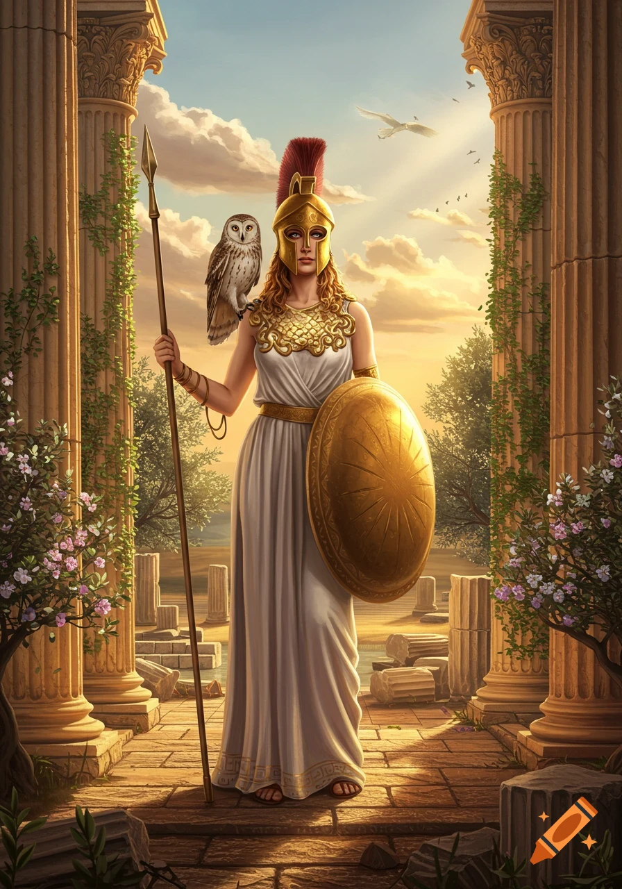 Athena, goddess of wisdom and war, stands with an owl, spear, and shield in sunlit ancient ruins.