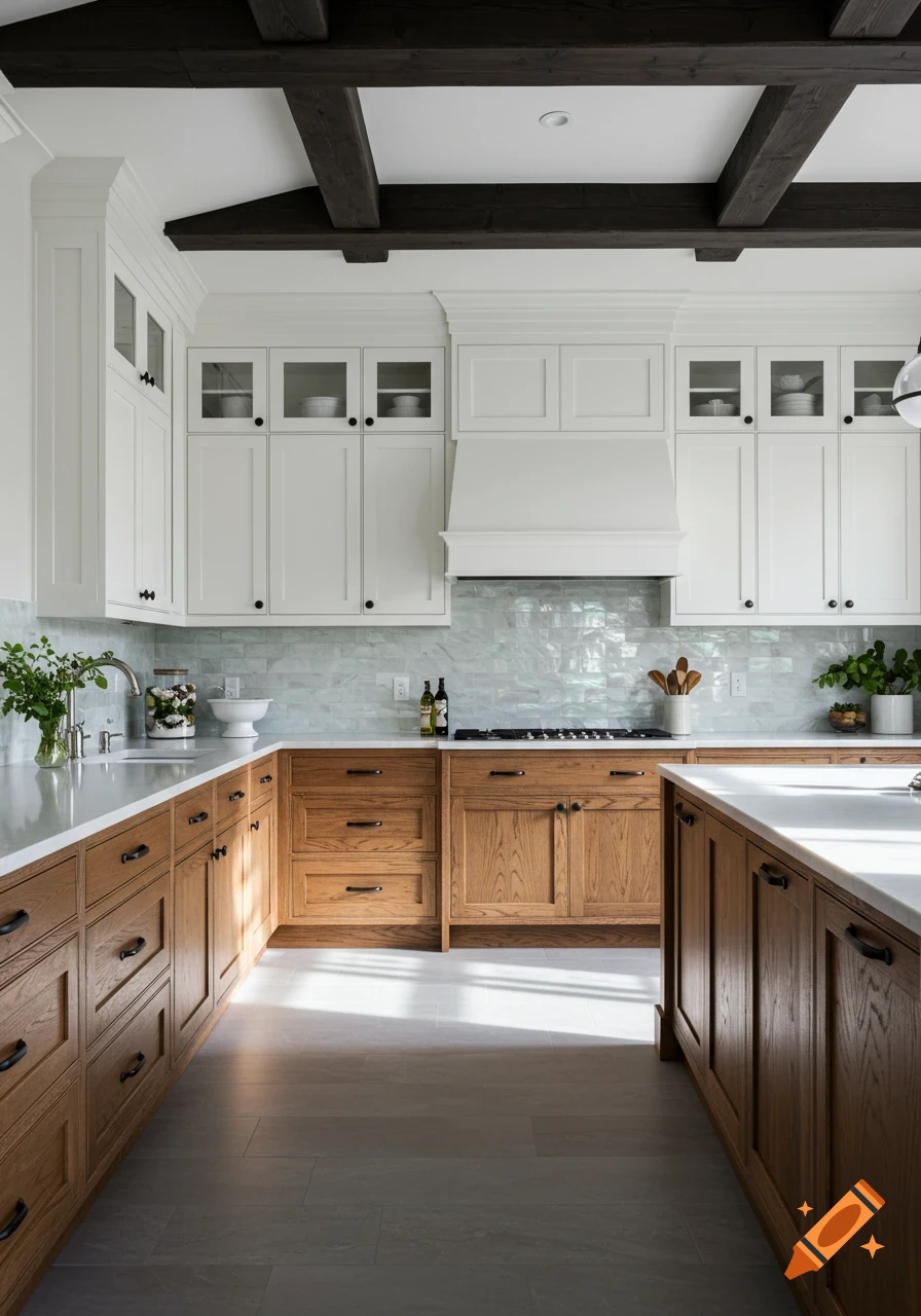A modern kitchen with wood lower cabinets, white upper cabinets, white countertops, a light blue backsplash, and dark wood ceiling beams.