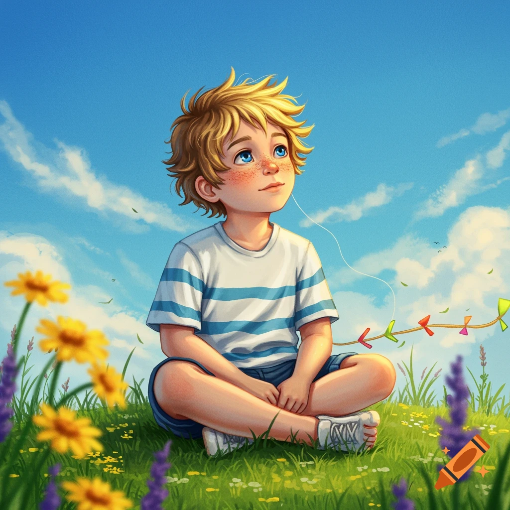 A bright illustration of a blond boy with blue eyes sitting in a sunny field of flowers, looking up at a blue sky.
